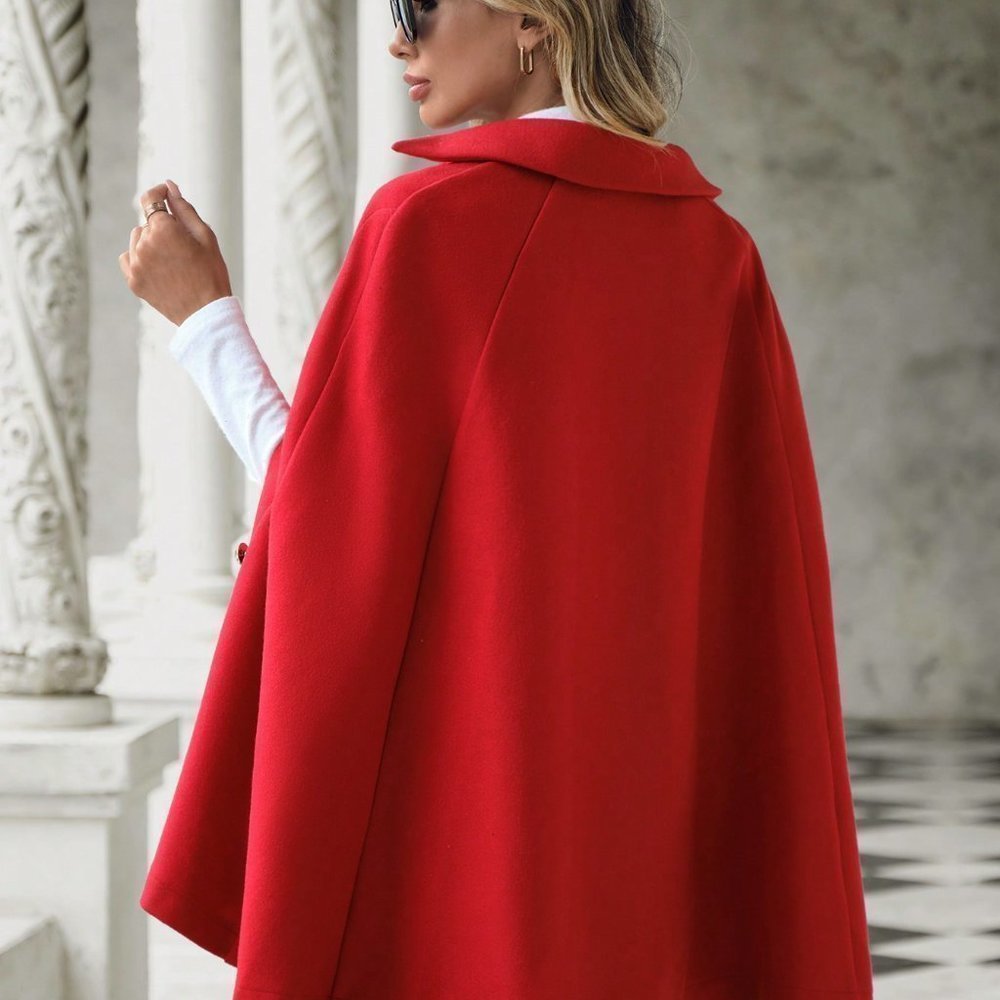 Red Casual Womens Lapel Neck Double Breasted Cape Overcoat - Picture 2 of 6